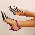 Savana - Sapatos de salto alto com padrão zebra, salto roxo e tira no tornozelo