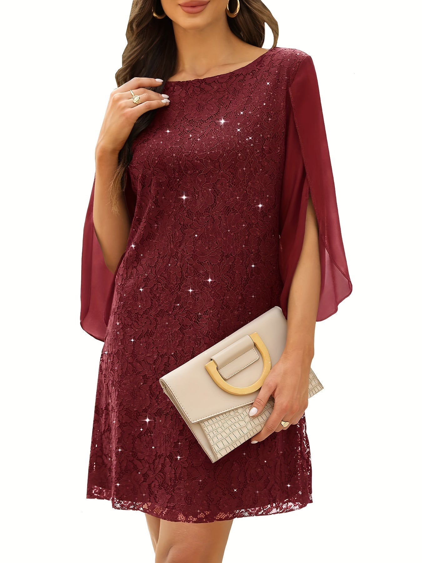 Carlota | Vestido de Renda Brilhante Manga Capa