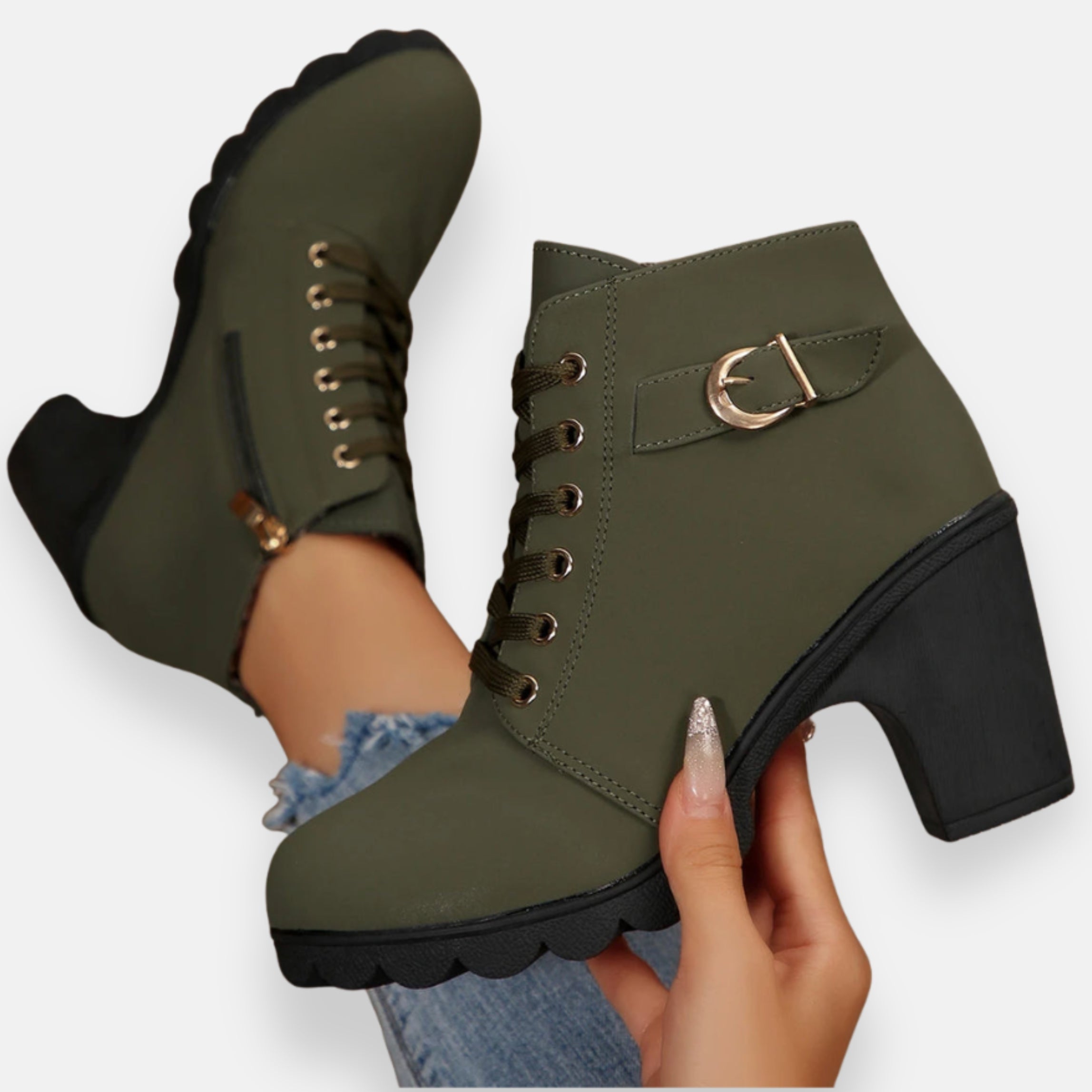 Lívia | Botins com Salto e Atacadores Elegantes e Confortáveis