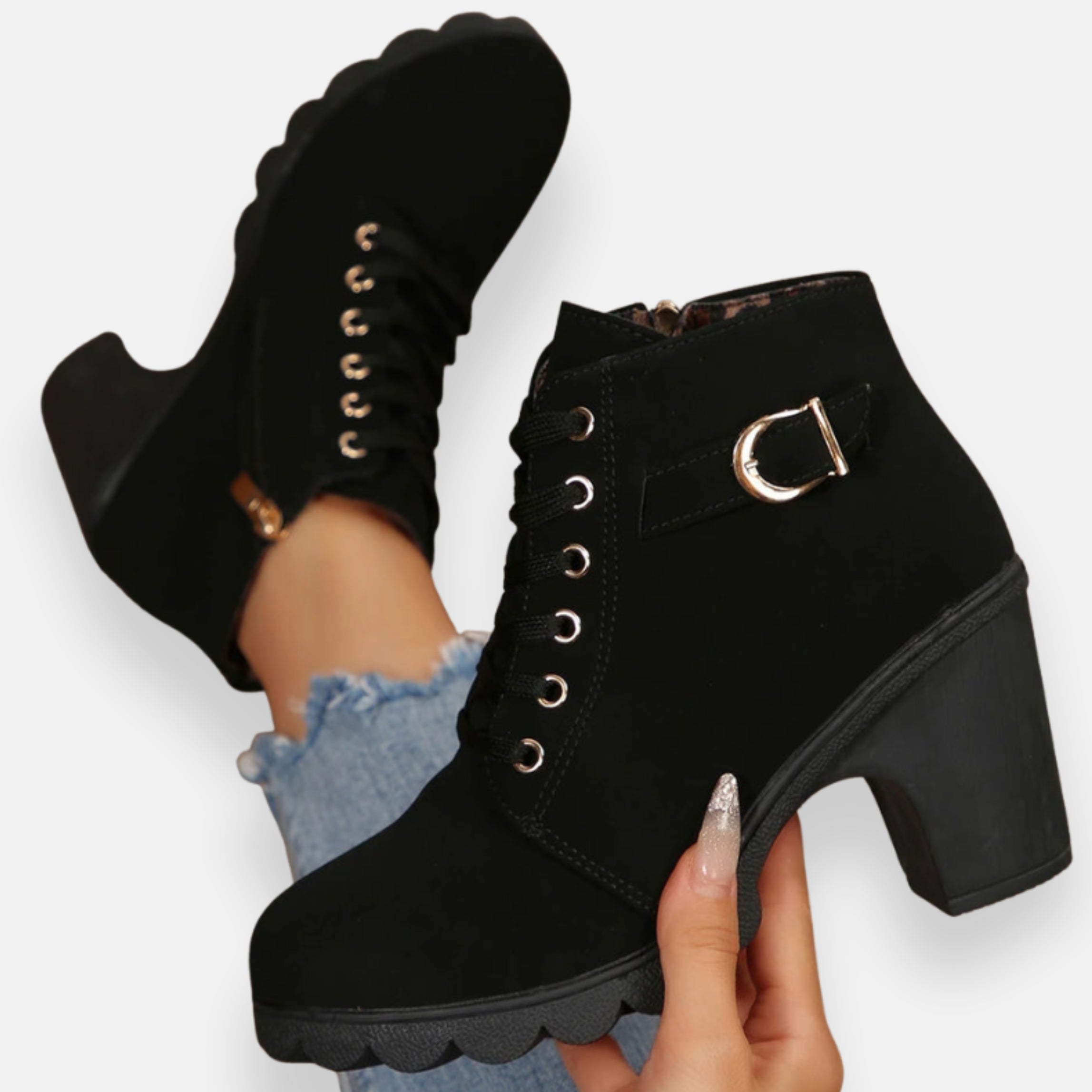 Lívia | Botins com Salto e Atacadores Elegantes e Confortáveis