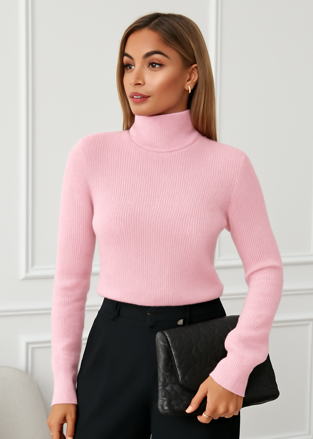 Suéter de Tricô Rosa Claro com Gola Alta – Estilo Confortável e Sofisticado