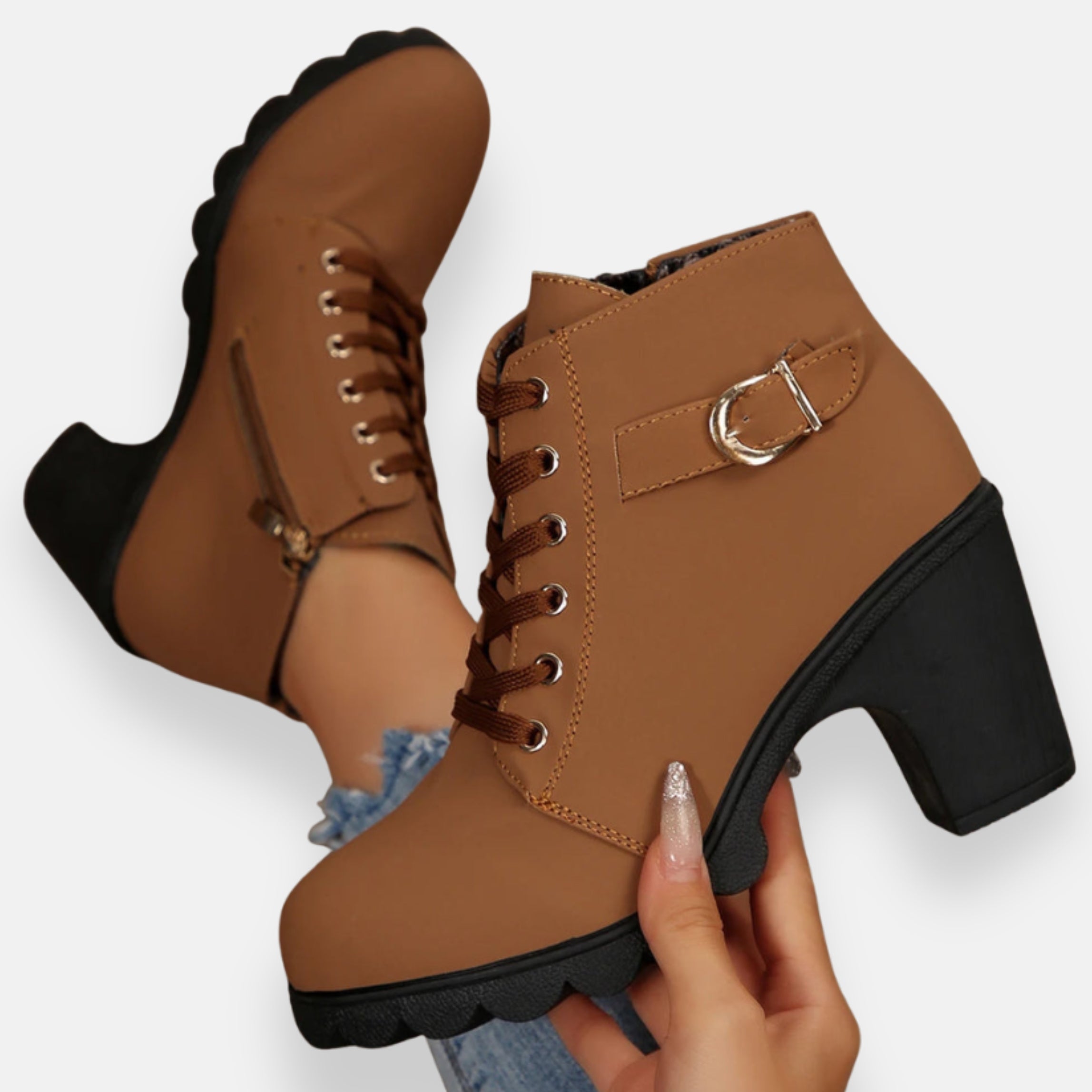 Lívia | Botins com Salto e Atacadores Elegantes e Confortáveis