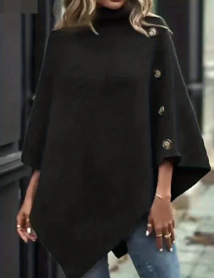 Poncho Tricot Elegante com Botões Laterais