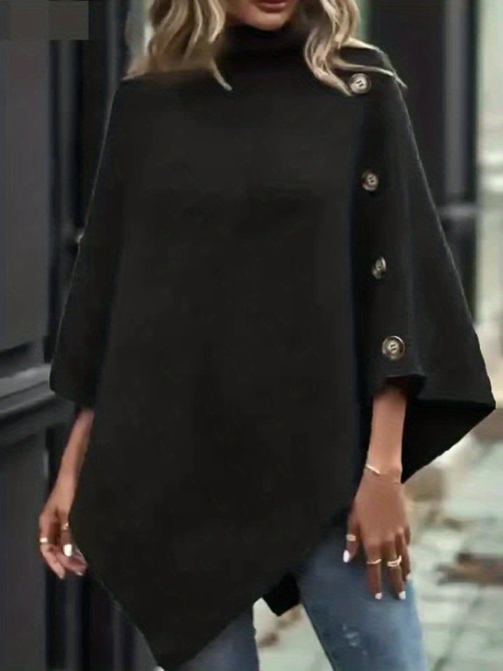 Poncho Tricot Elegante com Botões Laterais