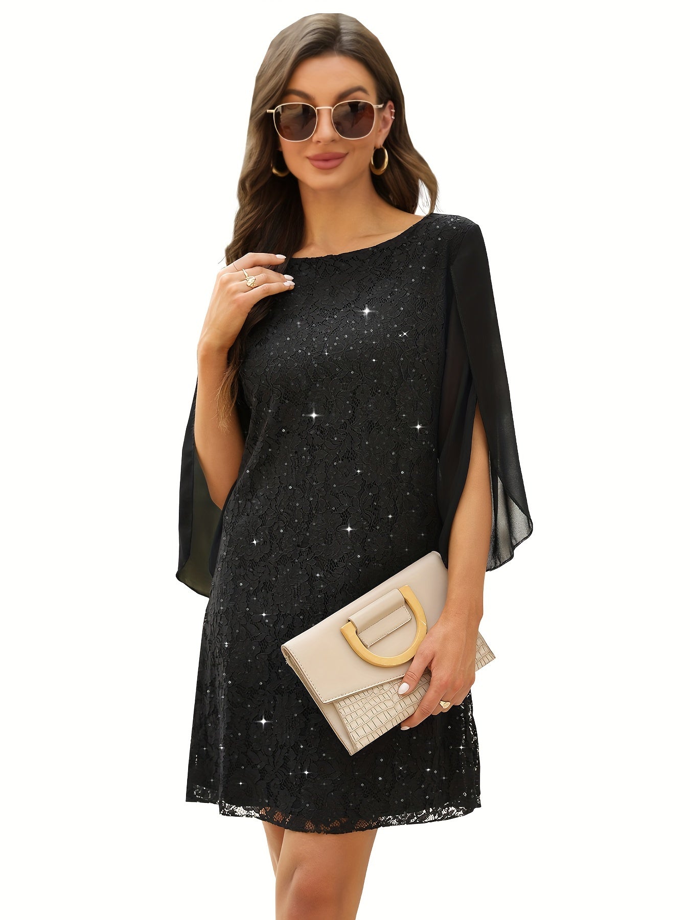 Carlota | Vestido de Renda Brilhante Manga Capa