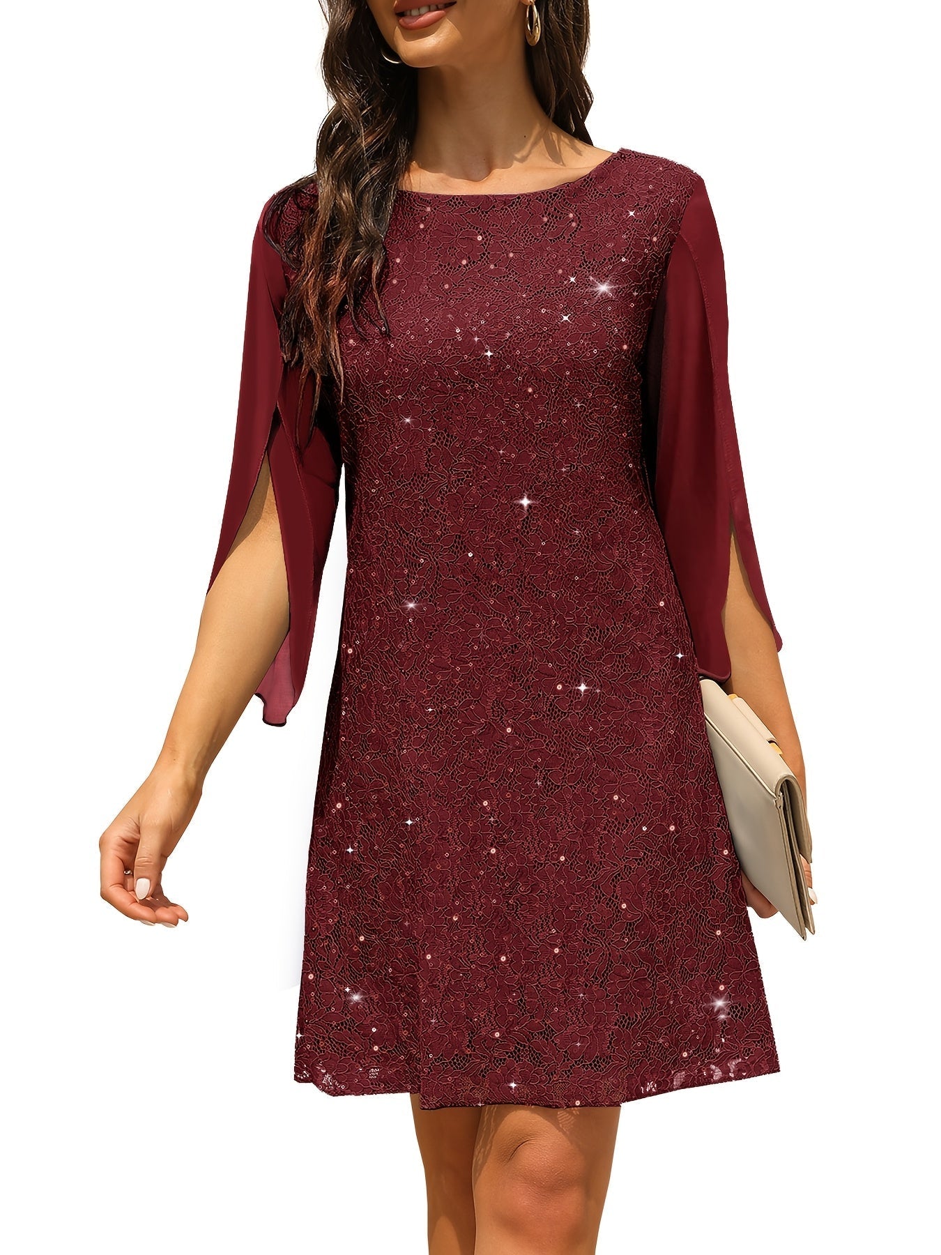 Carlota | Vestido de Renda Brilhante Manga Capa