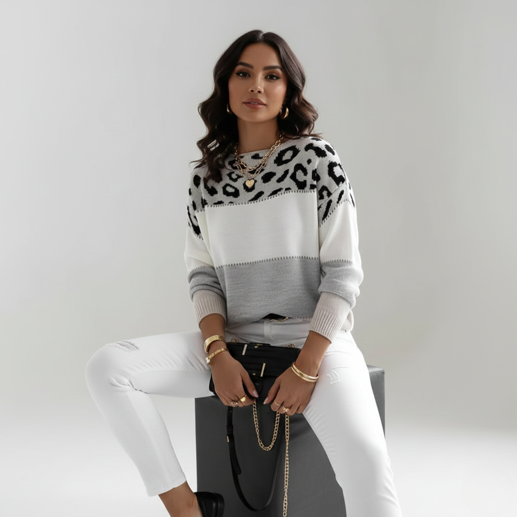 Título reescrito: **Lúcia | Conjunto de Pulôver Leopardo Elegante**