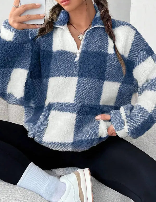 MALDA™ - Suéter de Manga Longa com Estampa Xadrez Chic e Fecho de Meio