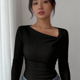 Blusa Cropped de Malha Texturizada com Decote Assimétrico