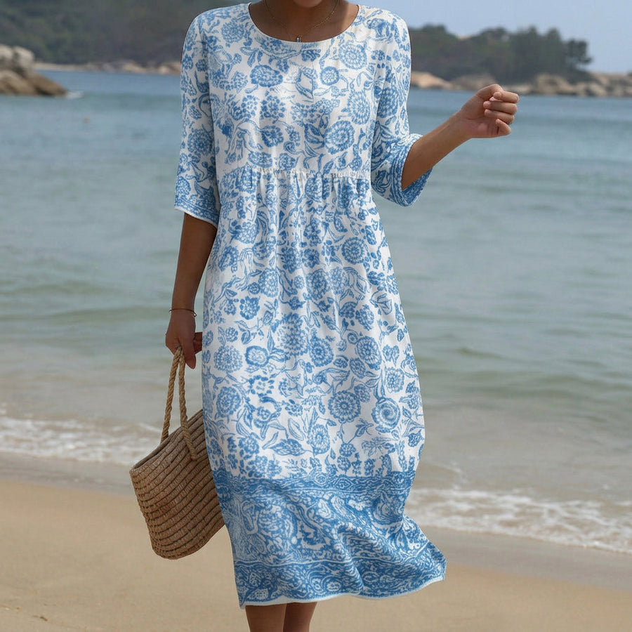 Sofia - Vestido Maxi de Gola Redonda com Estampa